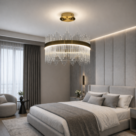 Candelabru auriu Crystal Tubes D40cm cu telecomandă Happy Light