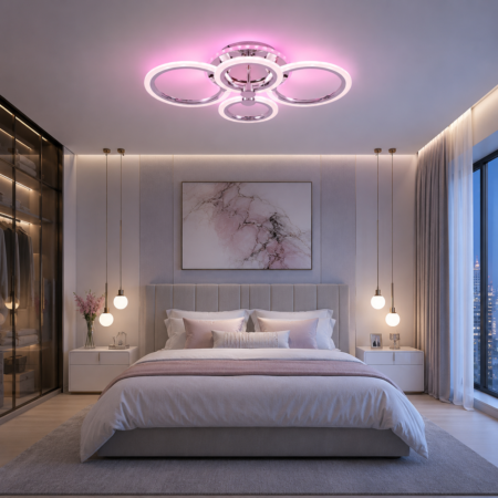Lustra Led dormitor Roundness Crom RGB 80W cu telecomandă