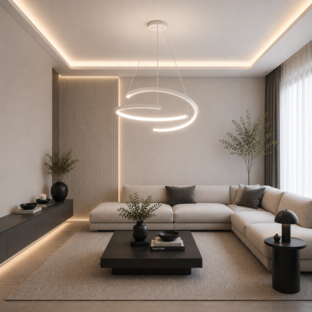 Lustra Led Suspendata 2 segmente Model Alb 96W cu telecomandă