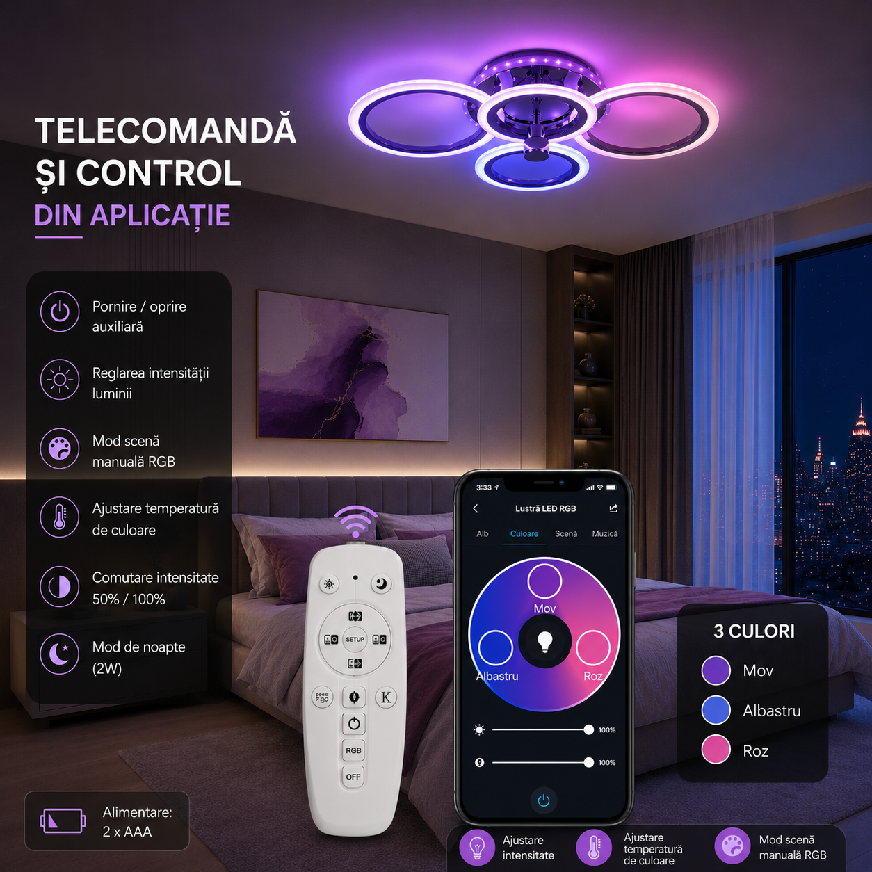 Telecomandă și control din aplicație lustra Led - Happy Light