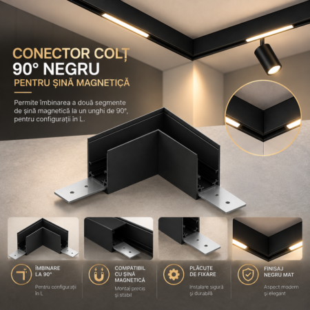 Conector Colț Negru 90° pentru Șină Magnetică