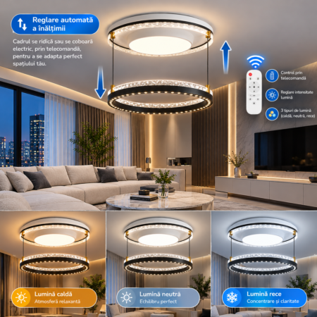 Lustra LED living Smart Lift M2 420W cu telecomandă și reglare automată a înălțimii Happy Light