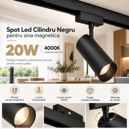 Spot LED Cilindru Negru 20W