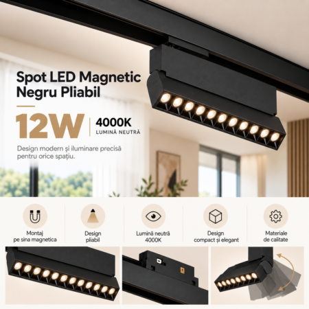 Spot LED Magnetic 12W Negru Pliabil