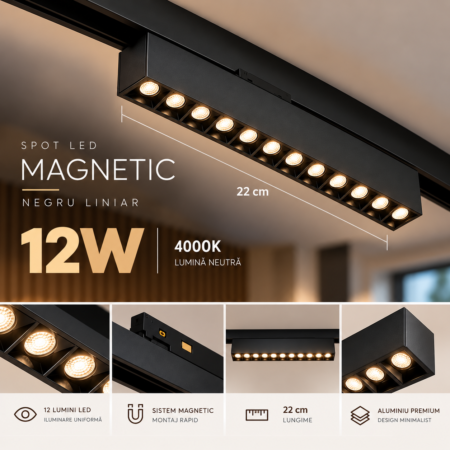 Spot LED Magnetic Negru Liniar 12W 4000K