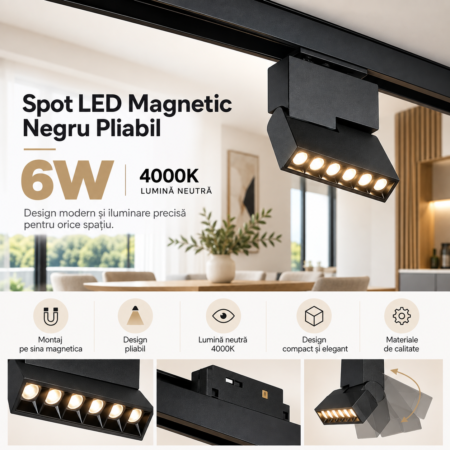 Spot LED Magnetic Negru Pliabil 6W 4000K