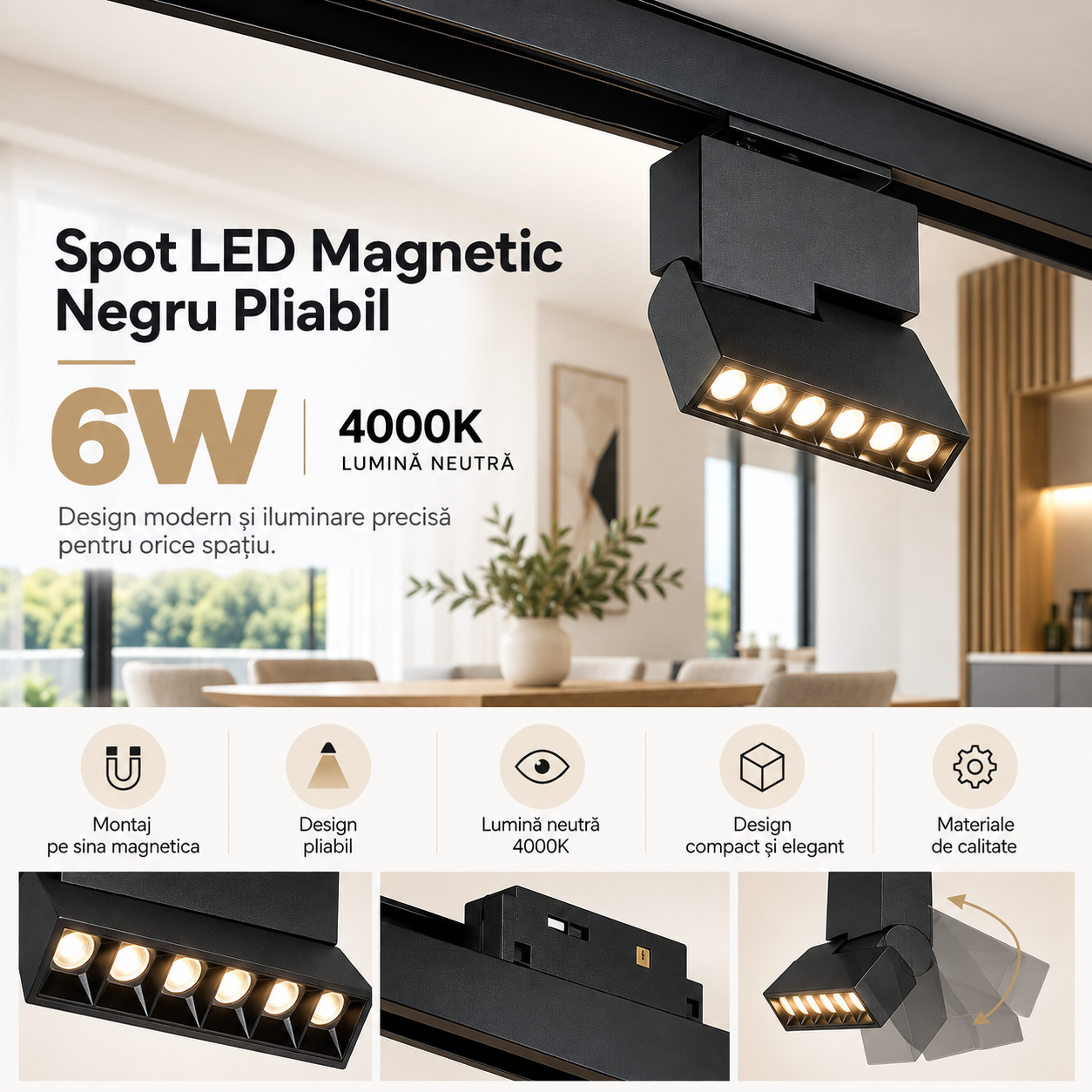 Spot LED Magnetic Negru Pliabil 6W 4000K