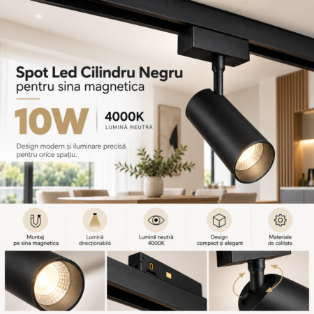 Spot Led Cilindru Negru pentru Sina Magnetica 10W 4000K