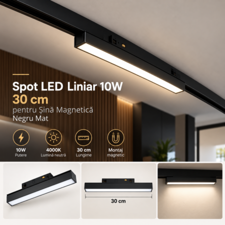 Spot Led Liniar Negru pentru Sina Magnetica 10W 4000K