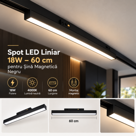 Spot Led Liniar Negru pentru Sina Magnetica 18W 4000K